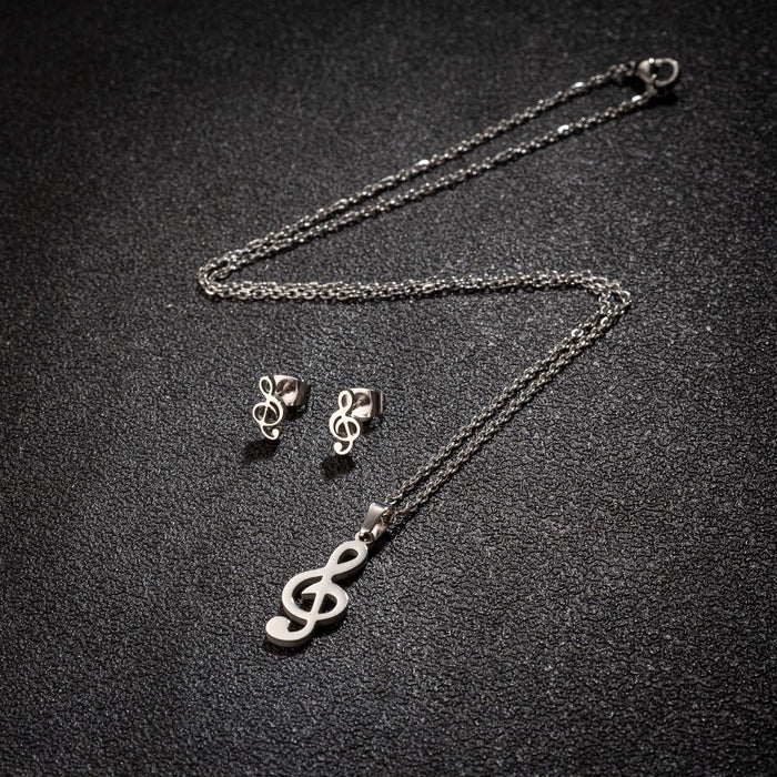 Music series musical note pendant necklace earrings three-piece set, Korean sweet stainless steel jewelry