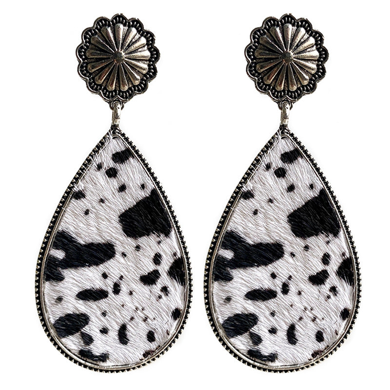 Western Animal Print Leather Earrings with Bohemian Style and Pumpkin Flower Design - wallojewerly 