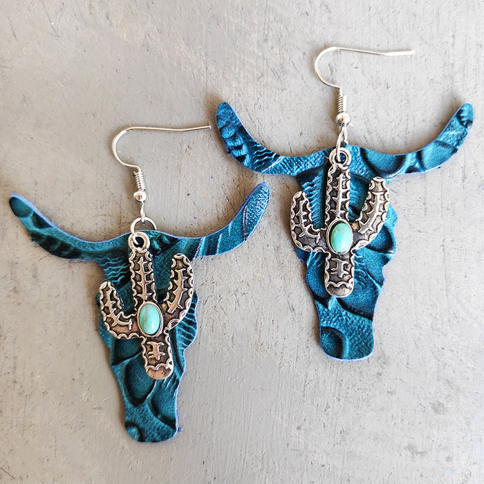 Vintage Embossed Leather Bullhead Earrings with Western Cactus Design