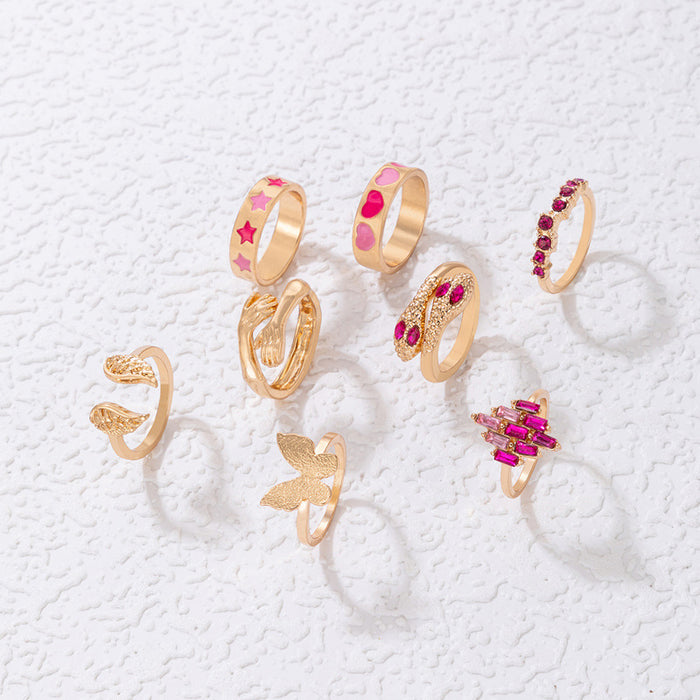 Pink oil drop heart star ring set, butterfly wings palm snake eight-piece set