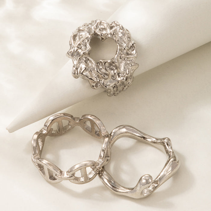 Geometric imitation chain silver ring 3-piece set