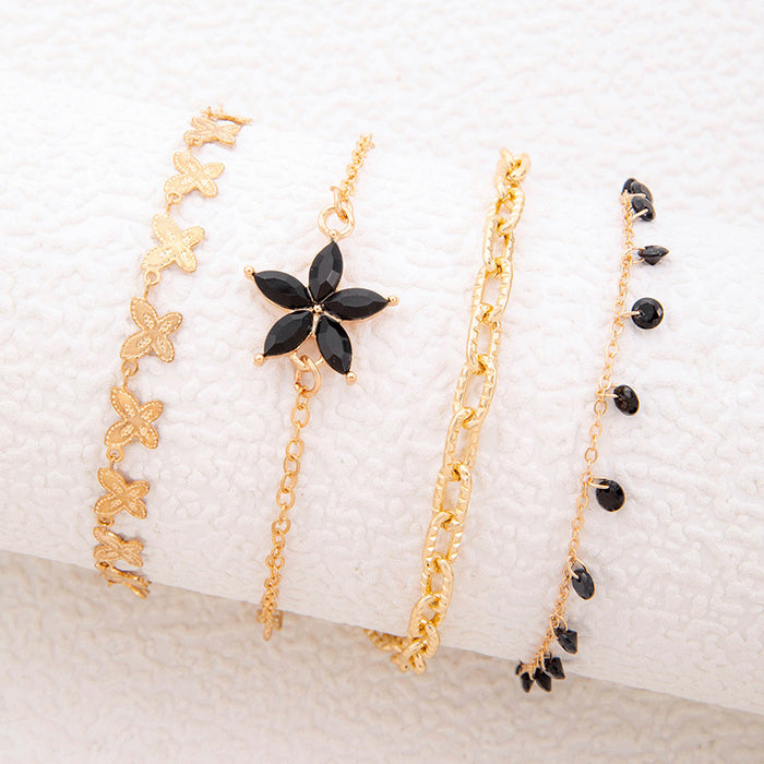 Black Rhinestone Petal Bracelet Set - Five-Piece Sweet Punk Jewelry