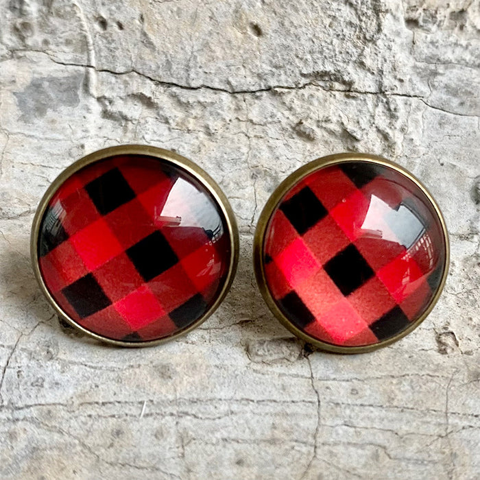 Vintage Glass Earrings with Christmas Plaid, Leopard, and Cow Print Designs