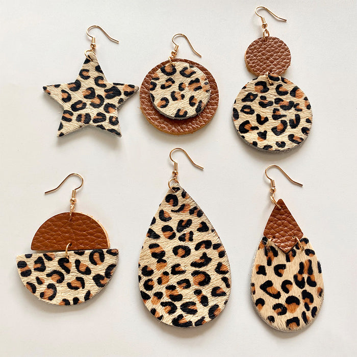 Pendientes de lágrima de cuero genuino con estampado de leopardo, diseño geométrico y de estrellas