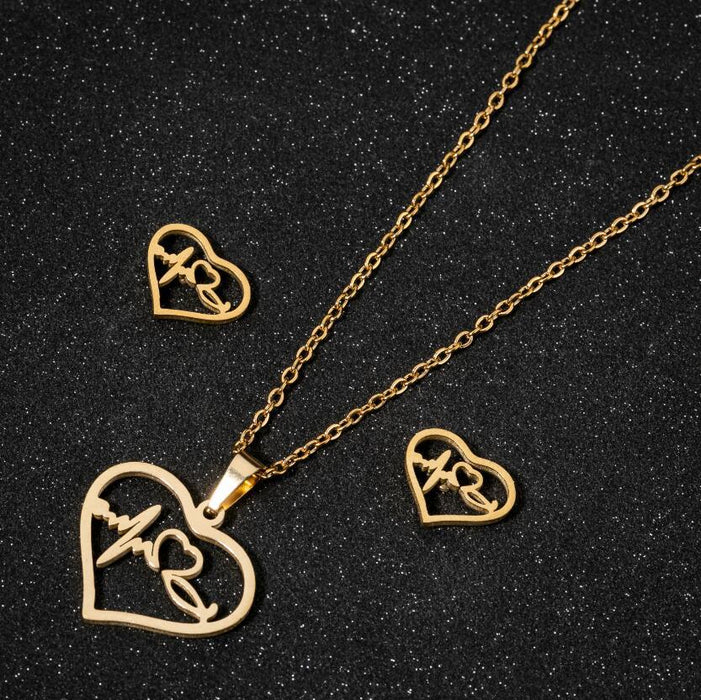 Love heartbeat electrocardiogram earrings necklace set, geometric star moon triangle pendant jewelry