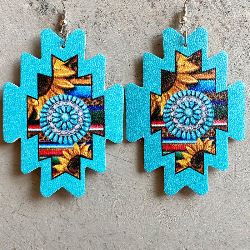 Aztec Sunflower PU Leather Earrings with Western Cowboy Style