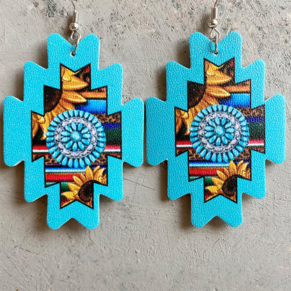 Aztec Sunflower PU Leather Earrings with Western Cowboy Style