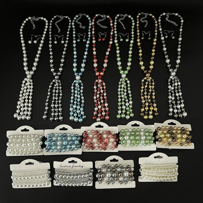 Wholesale glass pearl tassel necklace, bracelet, and earring sets - wallojewerly 