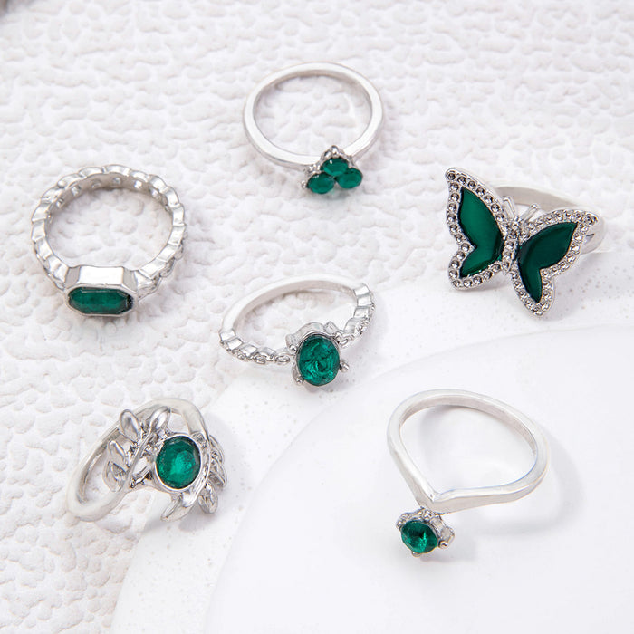 Butterfly Gemstone Ring Set - 6pcs Versatile Leaf Teardrop Rings