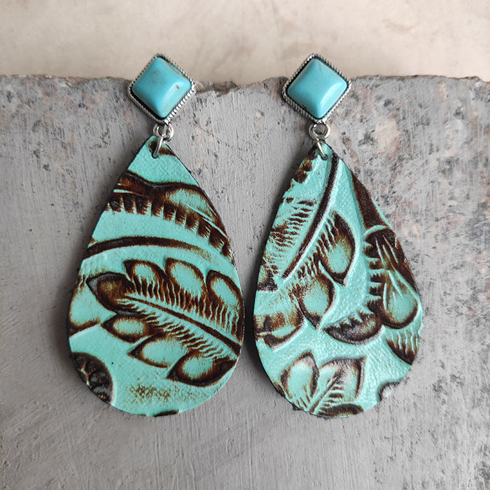 Leopard Print Cowhide Leather Teardrop Earrings with Turquoise Studs