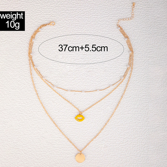 Yellow Enamel Lip Pendant Multi-Layer Necklace - Pearl and Disc Four-Chain Set