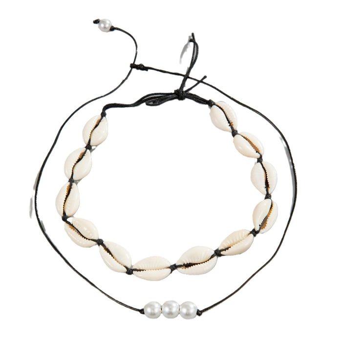 Boho Double-Strand Shell and Faux Pearl Necklace Set