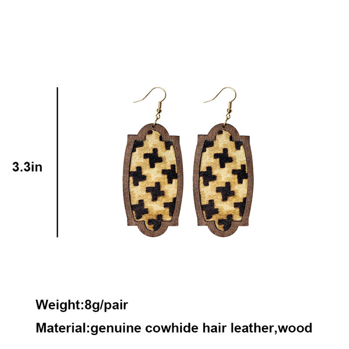 Vintage Floral Print Cowhide Earrings with Cross and Geometric Teardrop Wood Elements - wallojewerly 