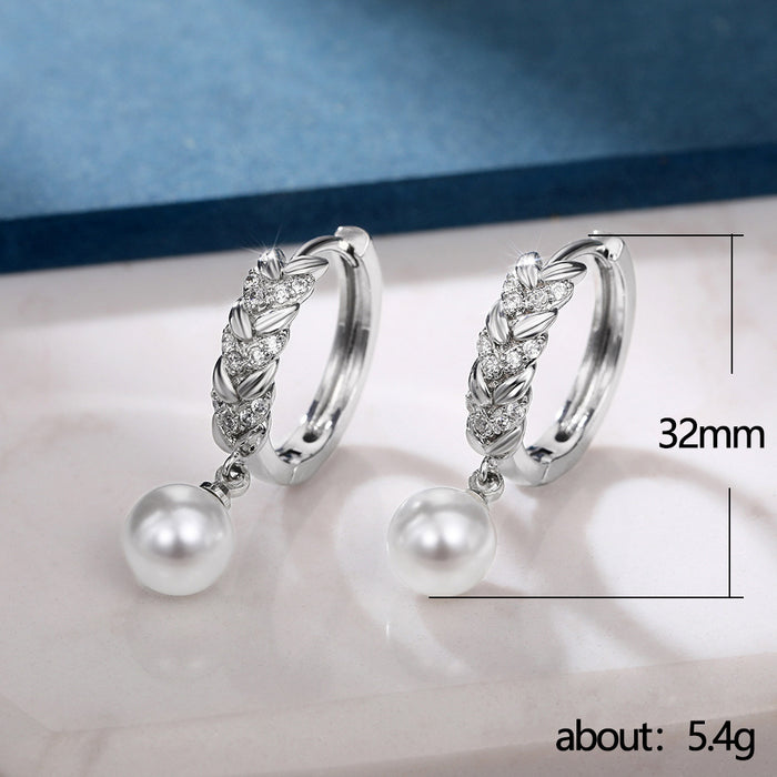 White gold plated zircon wheat imitation pearl shell bead earrings for women