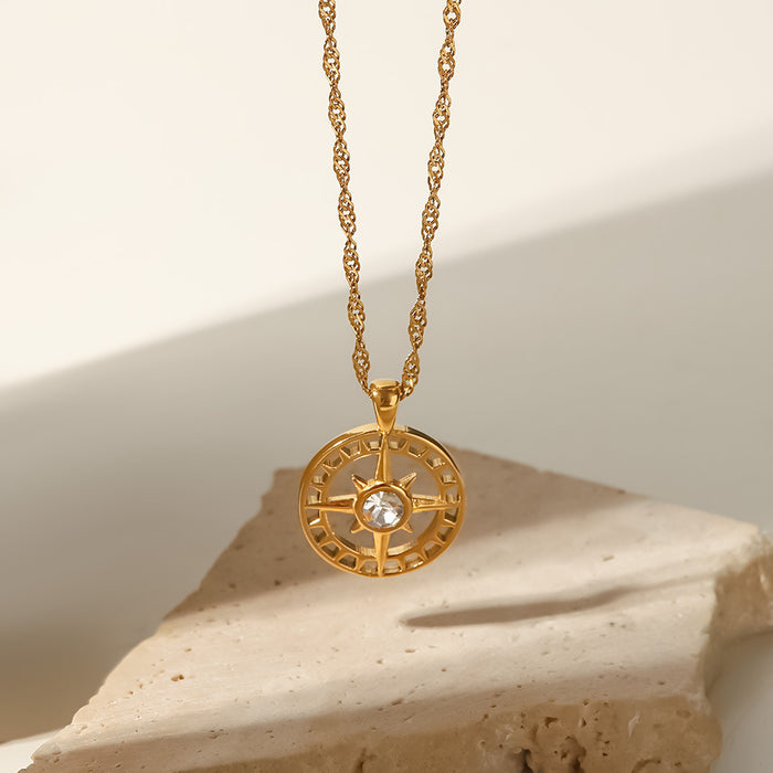 French Style Titanium Steel Necklace - 18K Gold-Plated with Eight-Pointed Star and Zircon Pendant