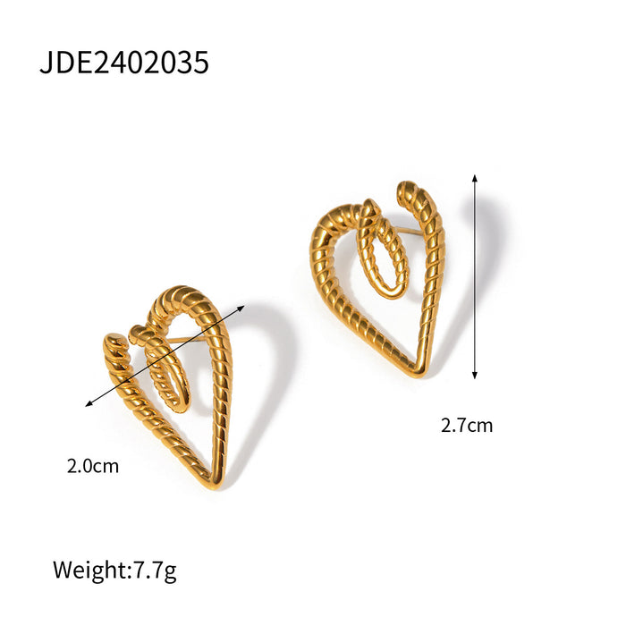 18K Gold Stainless Steel Ribbed Heart Earrings - Fashionable Titanium Steel Studs