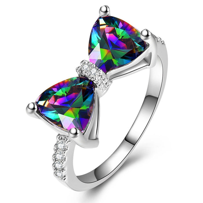 Luxury bow zircon ring colorful gem series sweet cool style ring