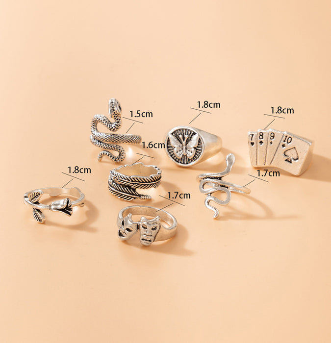 Vintage Poker Mask Snake Flower Ring 7-Piece Set