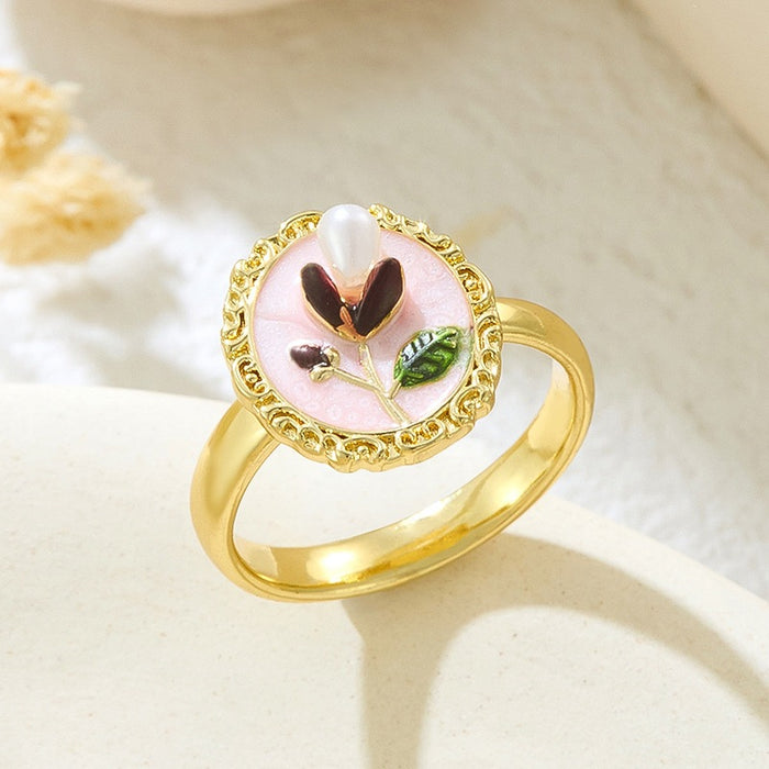 Wholesale copper micro-inlaid enamel painted drip flower open ring