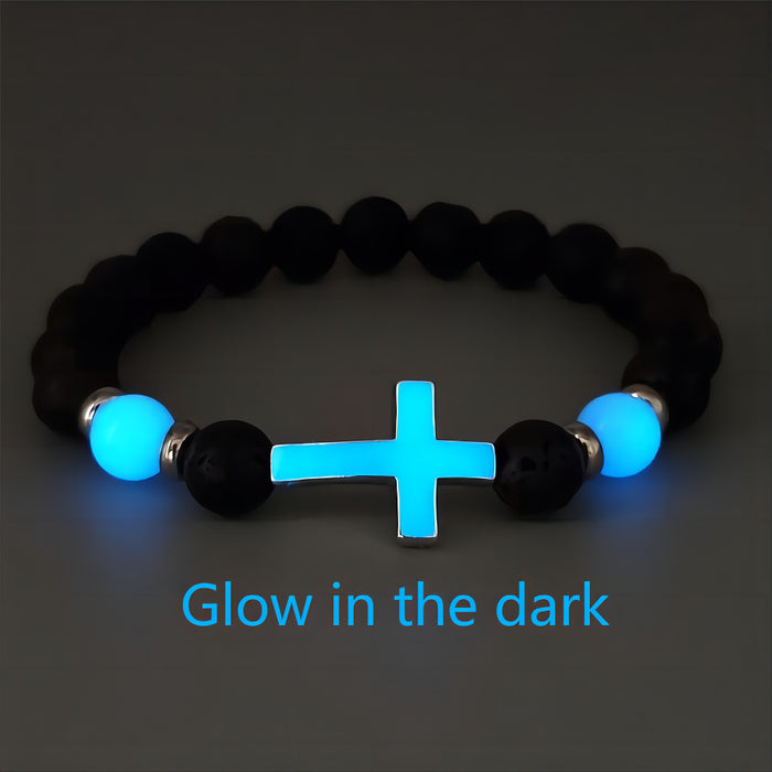 Wholesale Multi-colored Glow-in-the-Dark Volcanic Stone Bracelets with Cross Beads - wallojewerly 