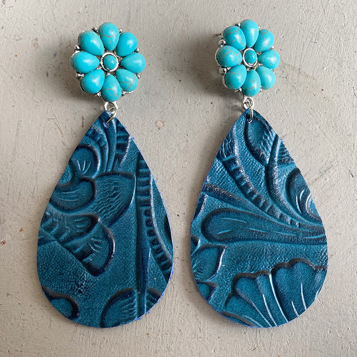 Embossed Leather Earrings with Bohemian Floral Turquoise and Pumpkin Flower Design