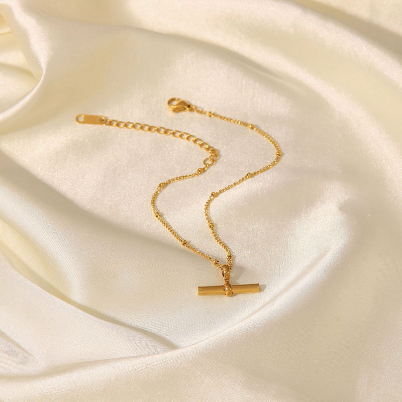 18K Gold Plated Titanium Steel Anklet - T-Bar Pendant Round Bead Chain Fashion Jewelry - wallojewerly 