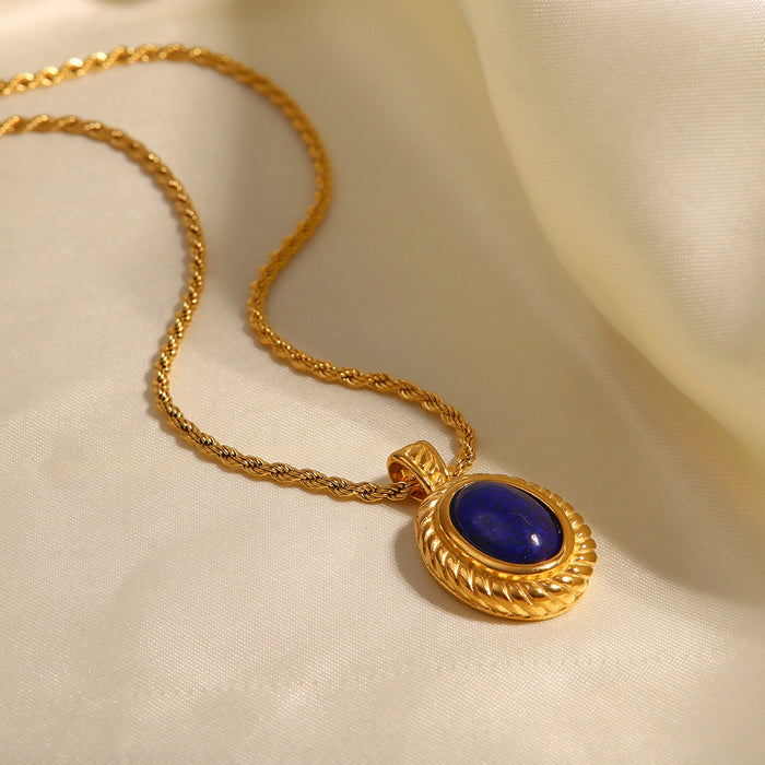 Lapis Lazuli Oval Pendant Necklace with Vintage Design - Women's Fashion Jewelry