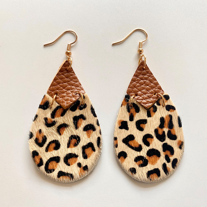 Pendientes de lágrima de cuero genuino con estampado de leopardo, diseño geométrico y de estrellas