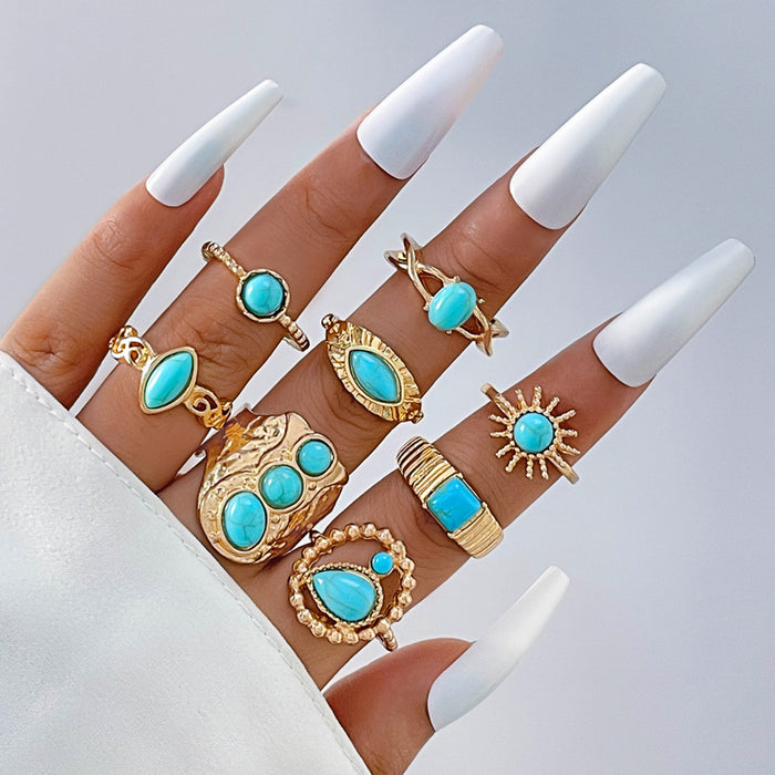 Oval Turquoise Geometric Rings - 8pcs Set