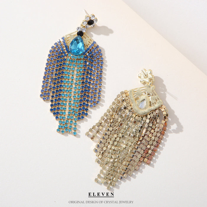 Blue Triangle Rhinestone Earrings - Exaggerated Tassel Jewelry for a Chic Look