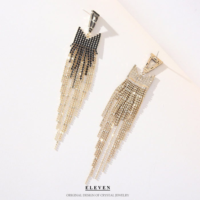 Exaggerated Rhinestone Tassel Earrings - Long Dangle Jewelry for a Bold Look