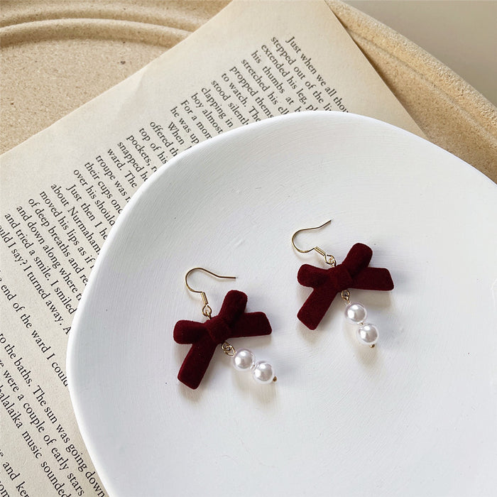 Red velvet bow earrings autumn and winter pearl earrings