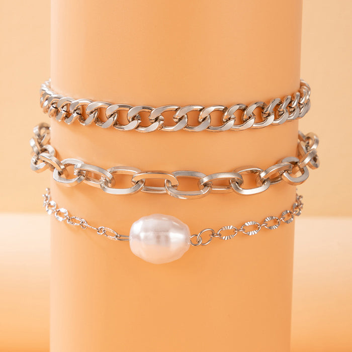 Baroque Pearl Triple-Layer Anklet with Geometric Chain Design