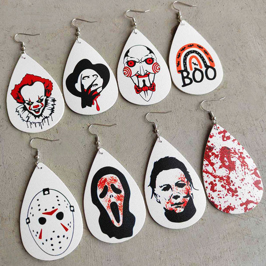 Pendientes de cuero sintético para Halloween con diseño de payaso espeluznante y mancha de sangre