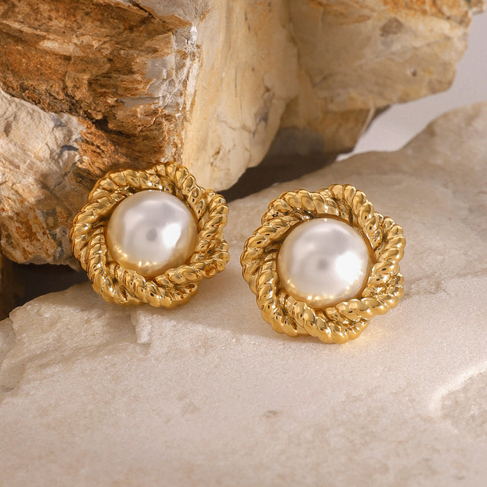 Stainless steel 18K gold plated flower twist texture pearl earrings