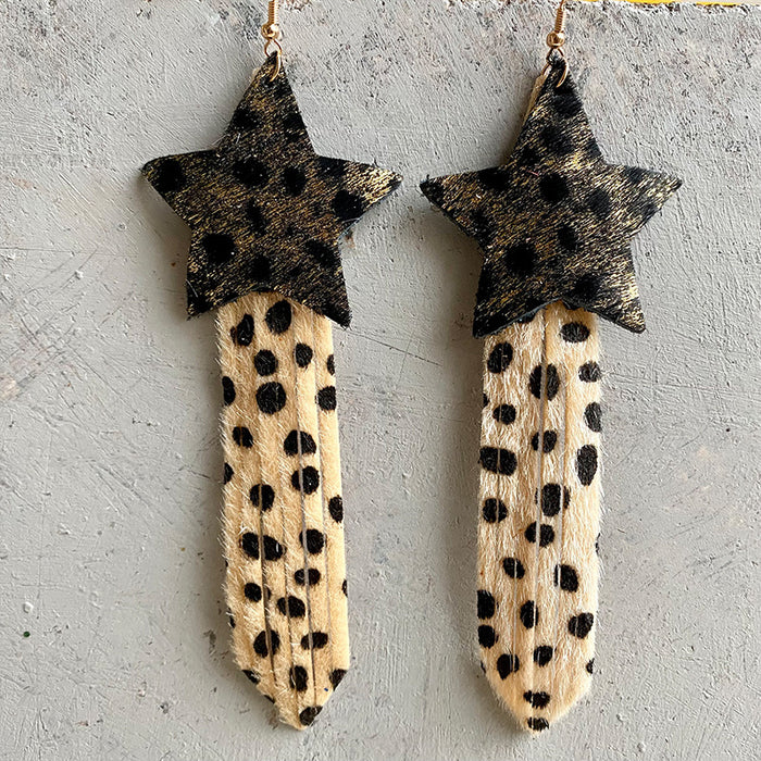 Creative Western Leather Leopard Print Earrings with Star Tassel Design