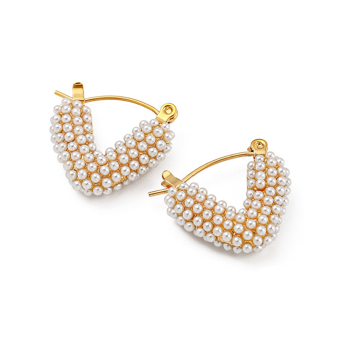 High-End 18K Gold Stainless Steel V-Shaped Pearl Earrings - Simple Fashion Titanium Steel Jewelry