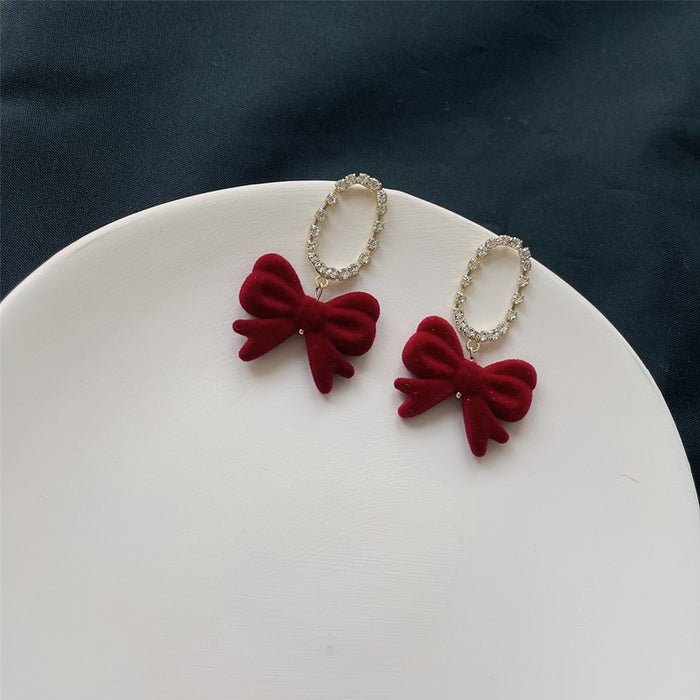 Black ribbon red bow earrings with diamond S925 silver autumn and winter new earrings