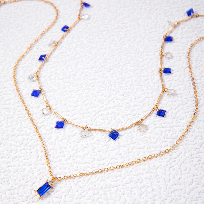 Simple Colorful Rhinestone Tassel Necklace with Sapphire Pendant