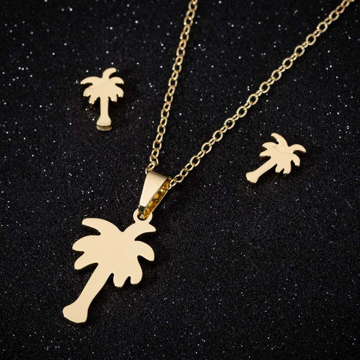 Palm Tree Stainless Steel Jewelry Set - Tropical Summer-Inspired Necklace and Earrings