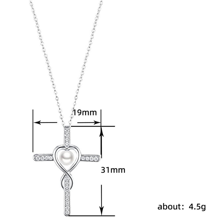 Hollow Cross Heart Pendant Imitation Pearl Necklace