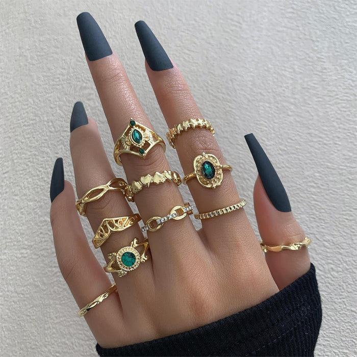 Retro Rhinestone and Faux Green Gemstone Geometric Ring Set