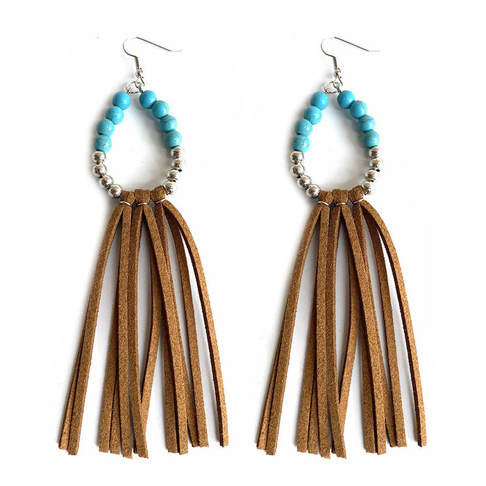 Western Style Turquoise Bead Earrings with Leather Design