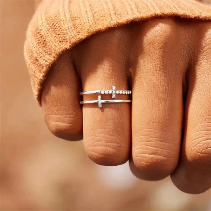 Double cross ring for girls cool style ring light luxury niche design ring