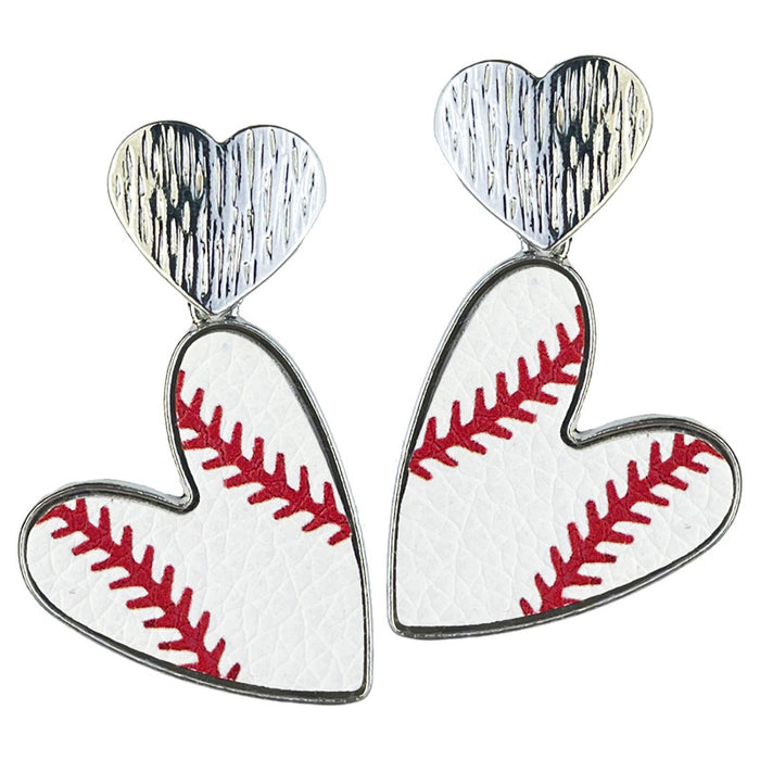 Metal Football Heart Earrings with Sports Ball Leather Design