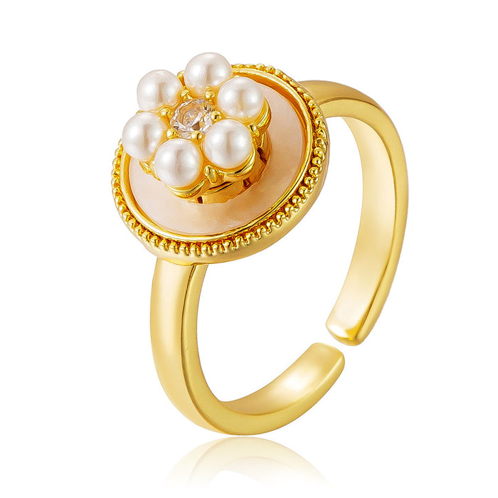 Wholesale adjustable copper micro-painted pearl flower ring