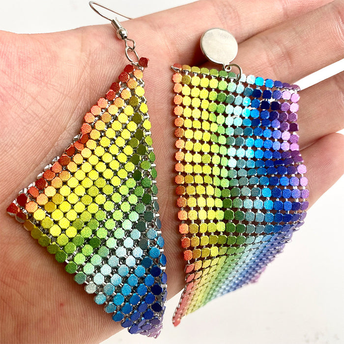 Rainbow Color Metal Mesh Aluminum Earrings with Exaggerated Nightclub Style