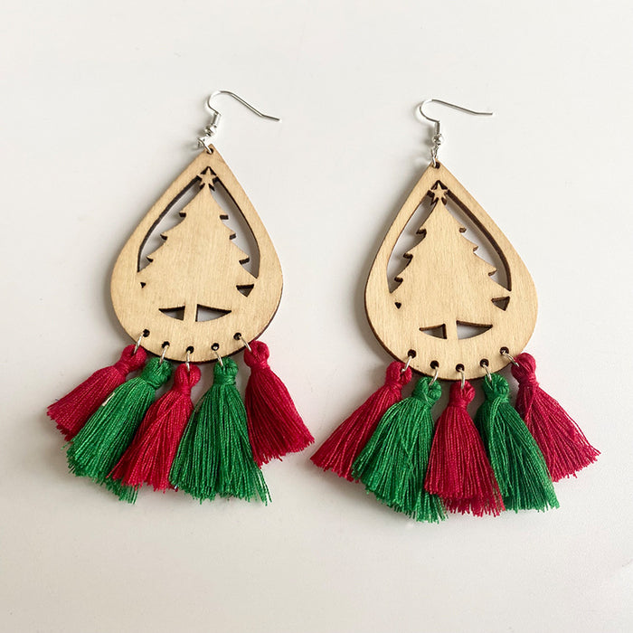 Christmas Wooden Tassel Earrings with Christmas Tree, Snowman, and Reindeer Cutouts