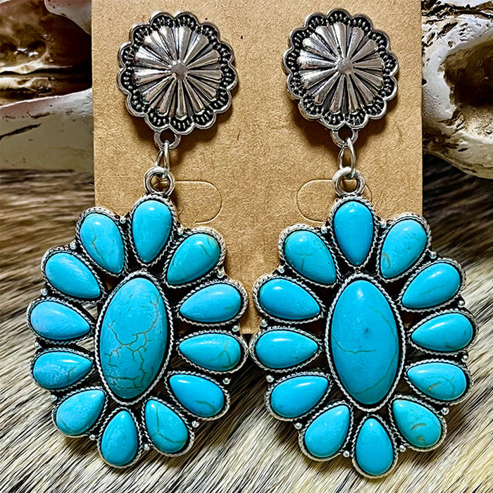 Vintage Ethnic Turquoise Flower Earrings with Alloy Western Style