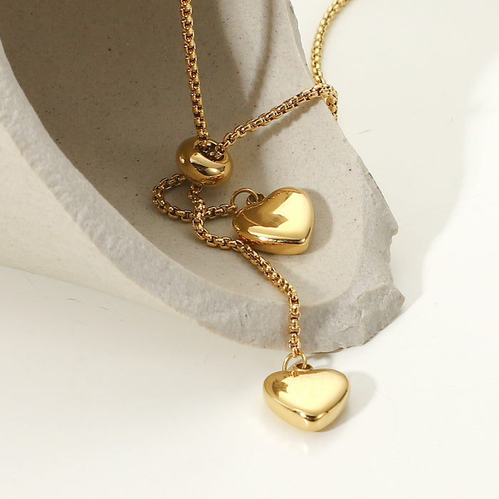 Style 14K Gold-Plated Y-Chain Necklace with Dual Heart Pendants - Trendy Titanium Steel Jewelry for Women